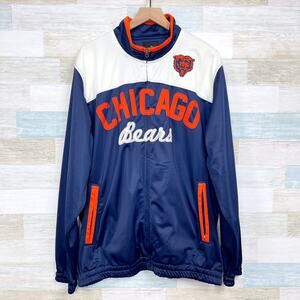 Chicago Bears NFL Logo Satin Jacket Blue Mock Neck Retro Spell Out Mens XL
